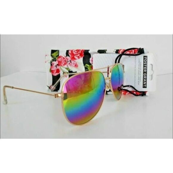Foster Grant NEW WOMENS GOLD FRAME SUNGLASSES with Rainbow Lenses and Floral Pou - Picture 1 of 9